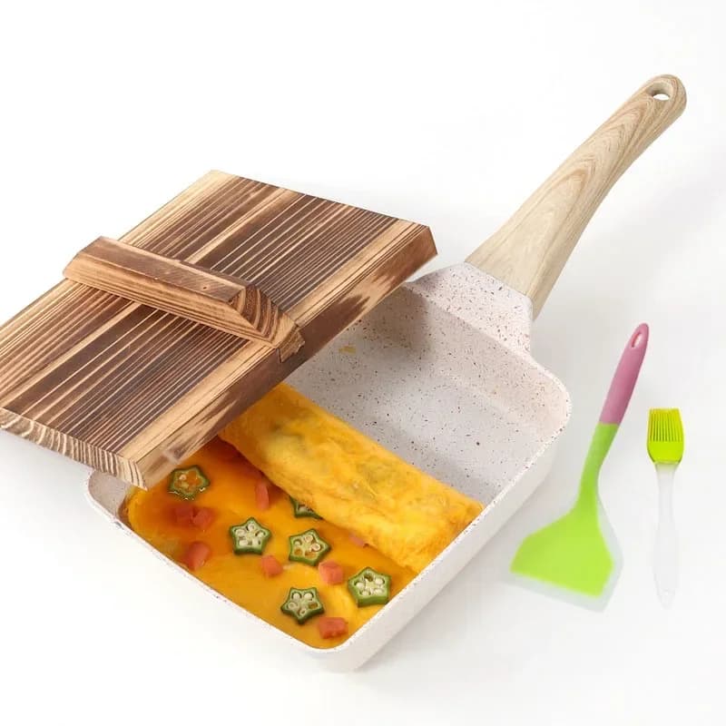 Padella per uova fritte frittata giapponese antiaderente padella Tamagoyaki con coperchio in legno fornello a Gas e fornello a induzione pentole da cucina