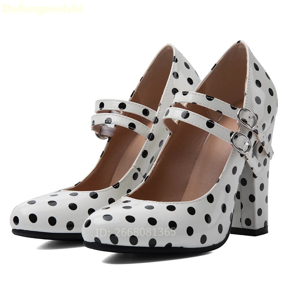 White Black Polka Dot Patent Mary Jane Pumps Round Toe Double Strap Buckle Block Chunky Heels Sandals Women Office Summer Shoes