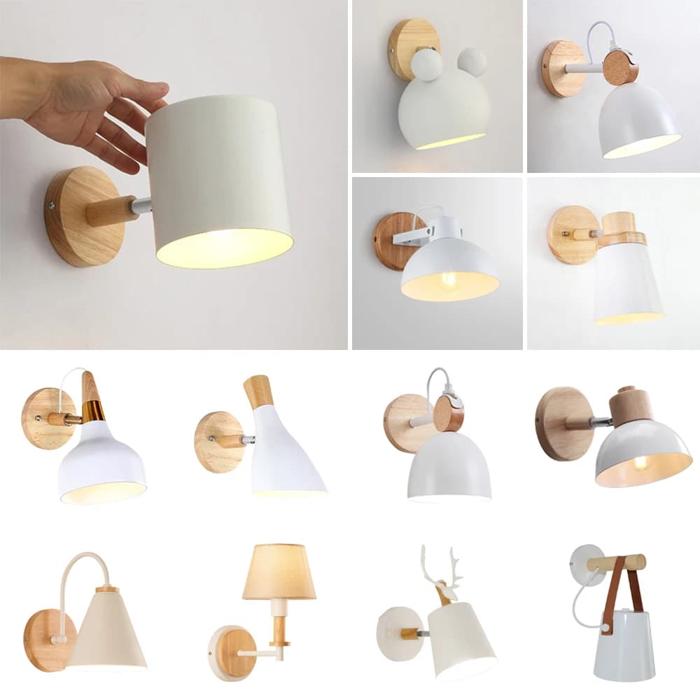 Wall wall sconce in nordic wood bedside lamp modern wall sconce for reading bedroom lampshade white steering head E27 domestic lighting