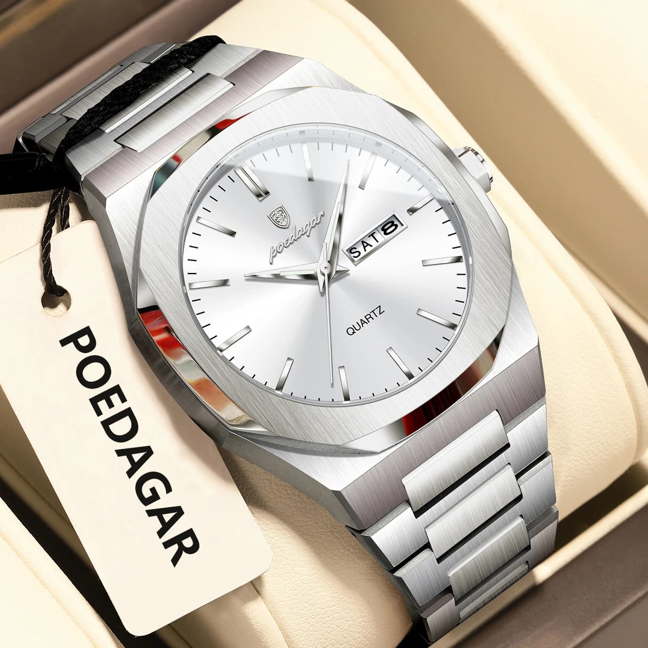POEDAGAR High Fashion Stainless Steel Men's Wrist Watch With Weekday Business Men's Quartz Watches Luxury Waterproof Men's Watch