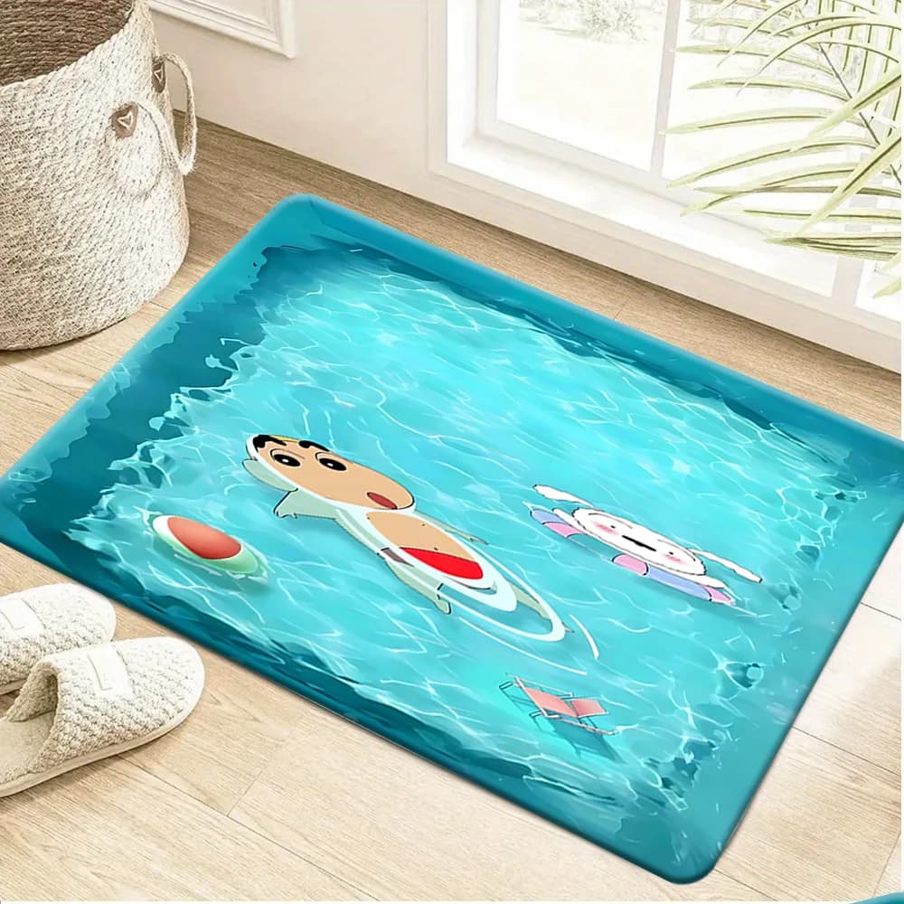 Anti-slip Mat with Crayon Shin-chan Shinnosuke and Shiro pool scene print, cute anime character floating in blue water.