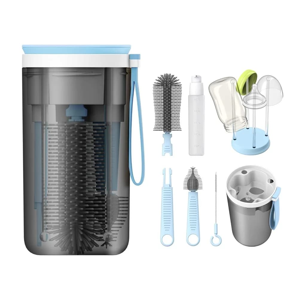 Set biberon da viaggio, detergente per ciuccio, detergente per cannuccia, dispenser per sapone, stendino, blu