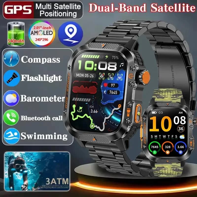 2026 Elettronica Orologio Uomo NUOVO Militare GPS Smartwatch Torcia Chiamata Senza Fili Orologi Da Polso 3ATM Impermeabile Sport Astuto Della Vigilanza Per Le Donne Degli Uomini Android Italiano integrato