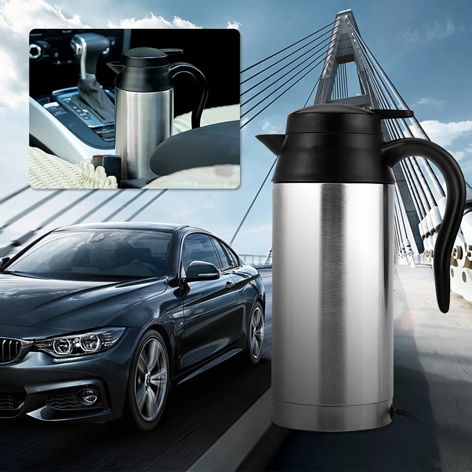 Bollitore Elettrico per Auto 12V 750ML, Tazza Riscaldante in Acciaio Inox, Thermos per Riscaldare Acqua, Borraccia Elettrica da Viaggio per Auto