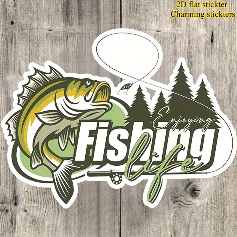 1pc 2D Flat Enjoying Fishing Life Vinyl Sticker Bass Fish Tree Pattern For Tackle Box Car Bumper Laptop Outdoor Gear Decor