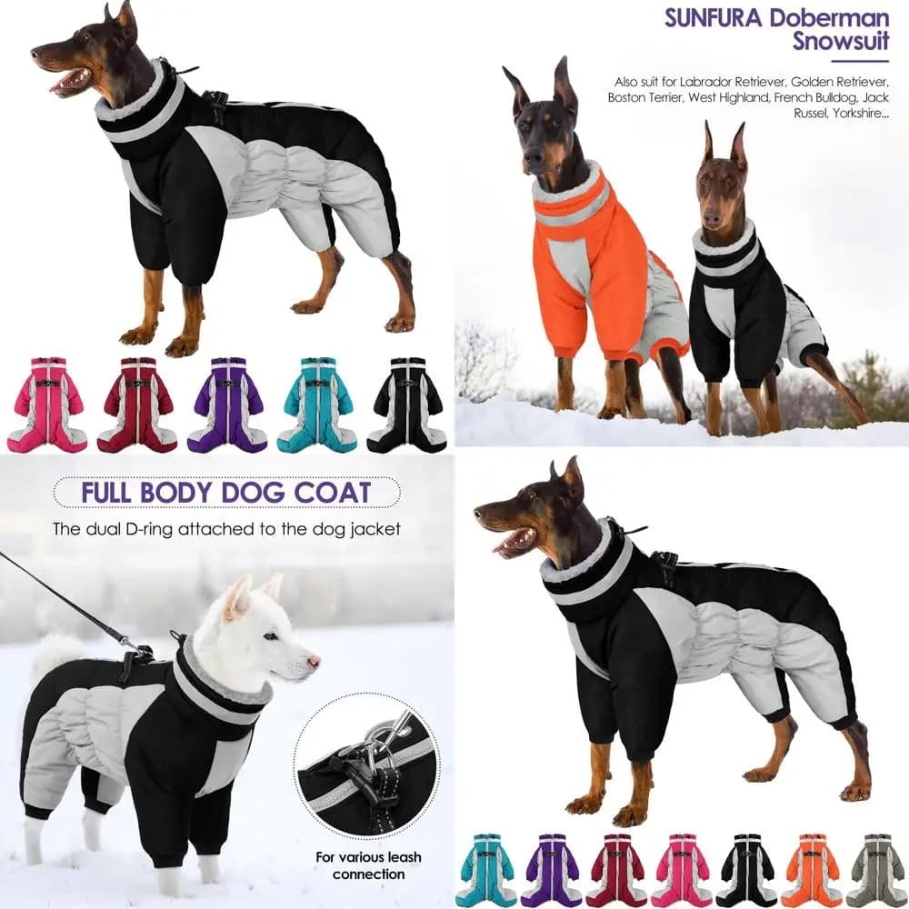 High neck winter coat in warm medium dog pile with harness, reflective snow jacket with legs for Boston Terrier, black, M