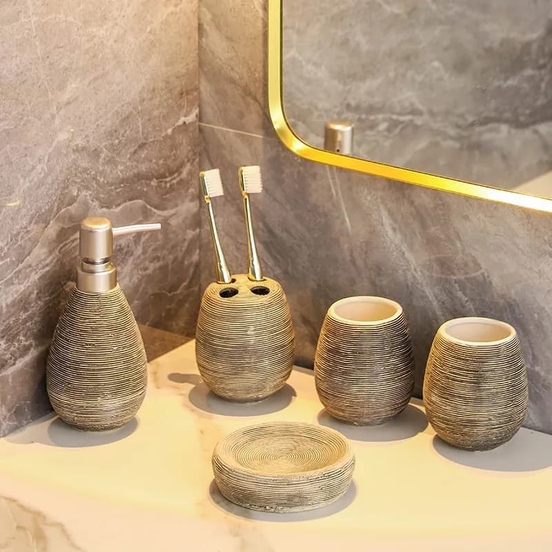 Portaspazzolino in ceramica vintage fatto a mano, dispenser per sapone, bottiglia per lozione, collutorio, set da bagno in ceramica da cinque pezzi