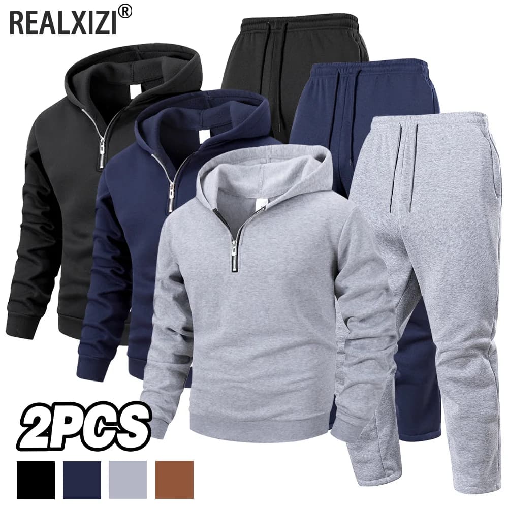 Men's Tracksuit Half Zipper Hoodie + Trousers 2-piece Set Autumn Winter New Casual Sportswear Solid Color Daily Sweatshirt Pants