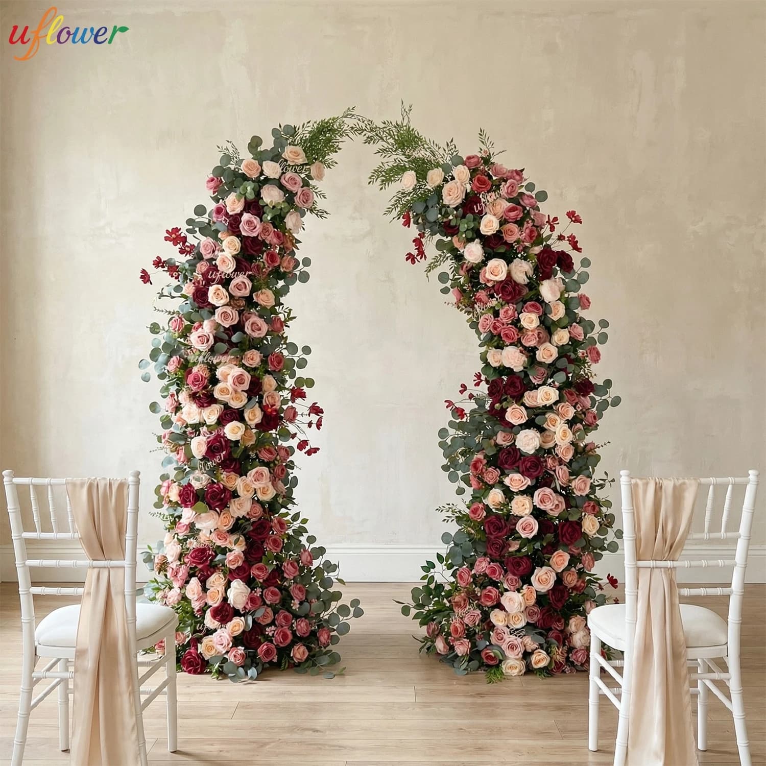 Uflower 2.3M Green Floral Composition with Roses and Roses, Artificial Flowers Corno for Wedding Background, Palcoscenic and Party Decorations