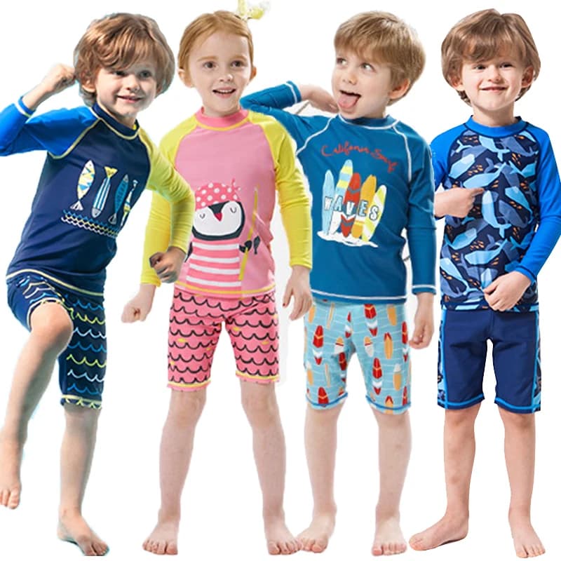 Costume da Bagno per Ragazzi 2025, Due Pezzi con Pantaloncini, Stampa Decorativa, Abbigliamento da Spiaggia Estivo per Bambini