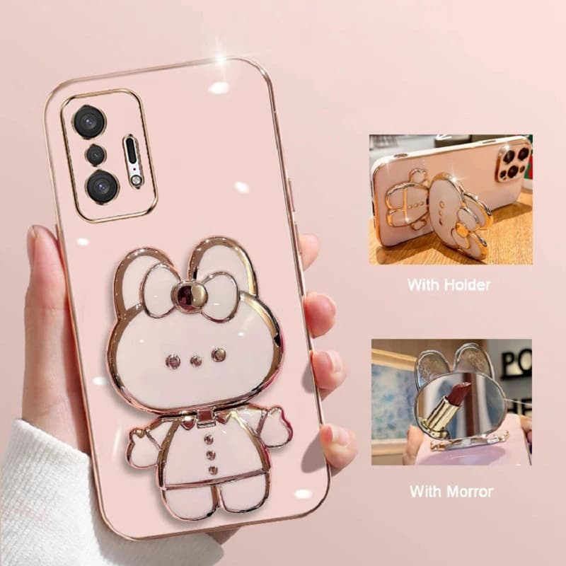 Custodia per telefono di lusso in TPU lucido con placcatura, per Xiaomi Mi 11T Pro 11T, con specchietto e supporto a forma di coniglio, in morbido silicone.