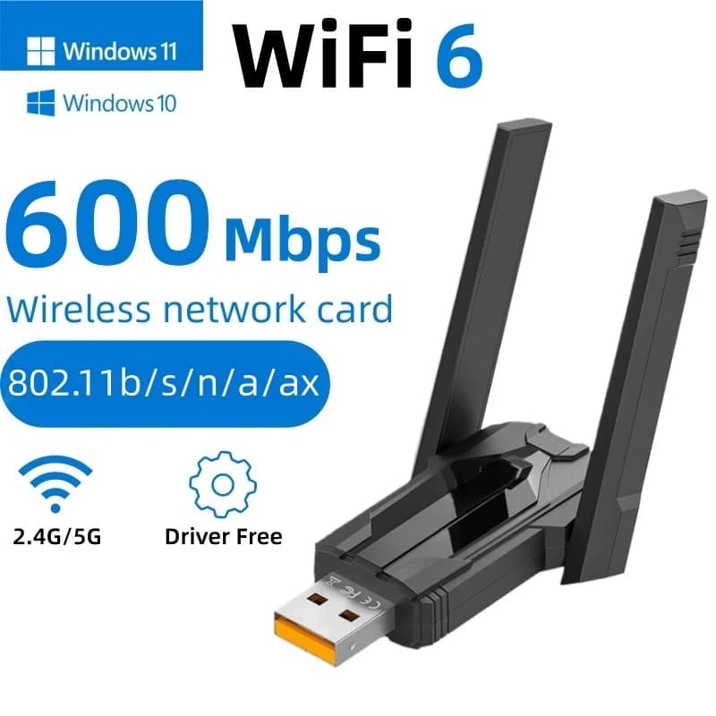 Adattatore USB WiFi 6 da 600Mbps Dual Band 2.4G&5GHz con 2 Antenne, Dongle Scheda di Rete Wireless Senza Driver per Desktop Win 10/11