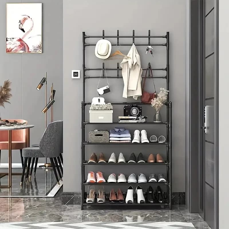 A clothes hanger and shoe rack at the entrance, used for storing shoes, clothes, jackets, hats, bags, umbrellas in the hallway