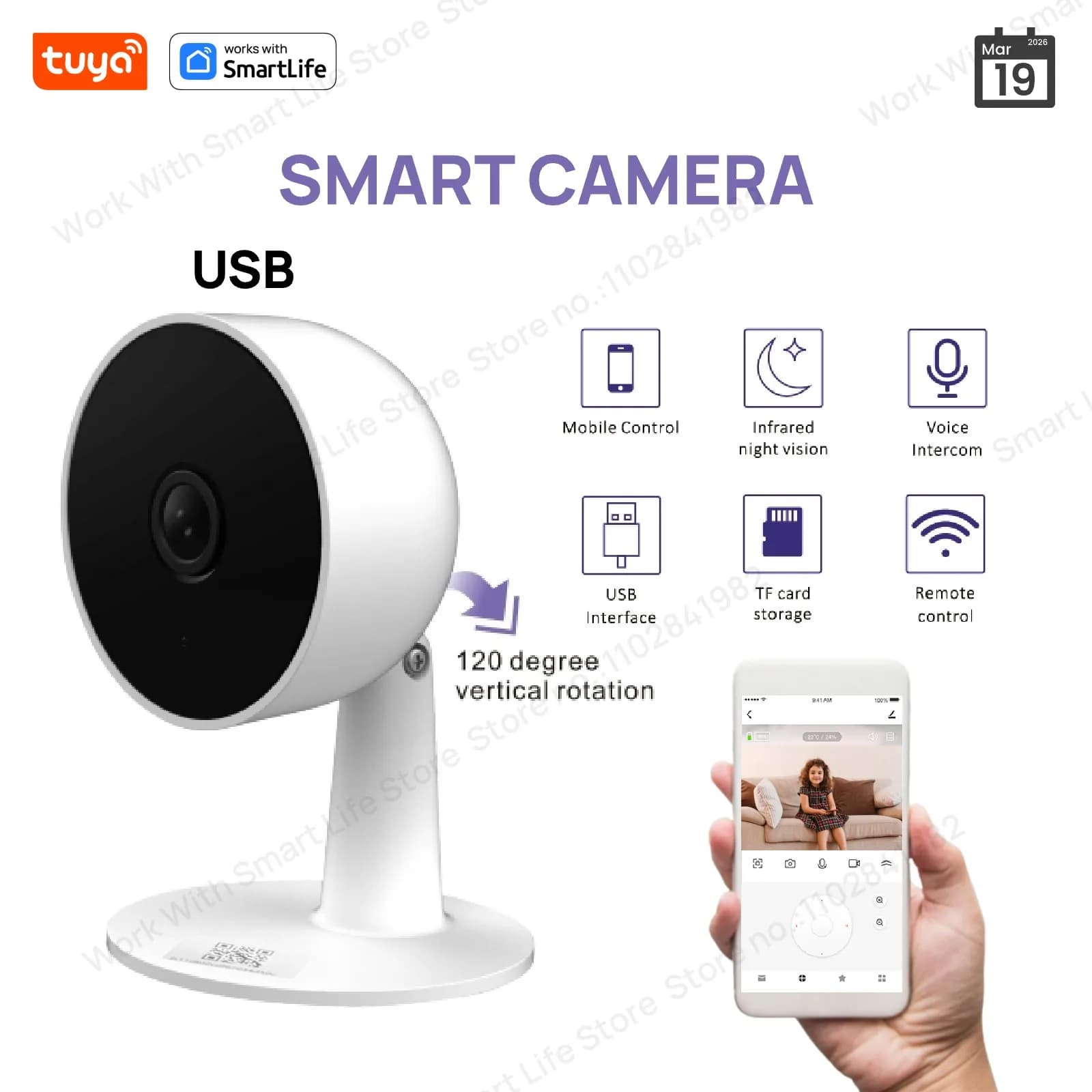 Tuya Smart 3MP HD Telecamera di sicurezza domestica per interni per neonati/anziani/animali domestici/con avviso APP in tempo reale, audio bidirezionale, rilevamento del corpo umano