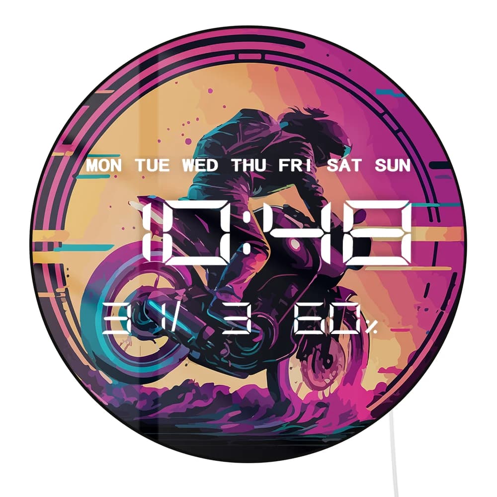 Orologio da Parete Elettronico per Moto Stile Synthwave, Display Digitale con Numeri Grandi, Dimmerazione Automatica, Visualizzazione Calendario, Formato 12/24 Ore