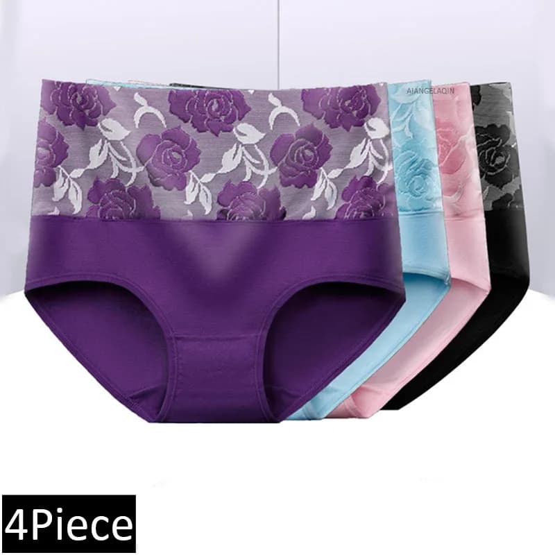 4Pcs Women's Underwear Abdominal High Waist Panties Cotton Plus Size Briefs Print Floral Intimate Sexy Lingeries Female Shaper
