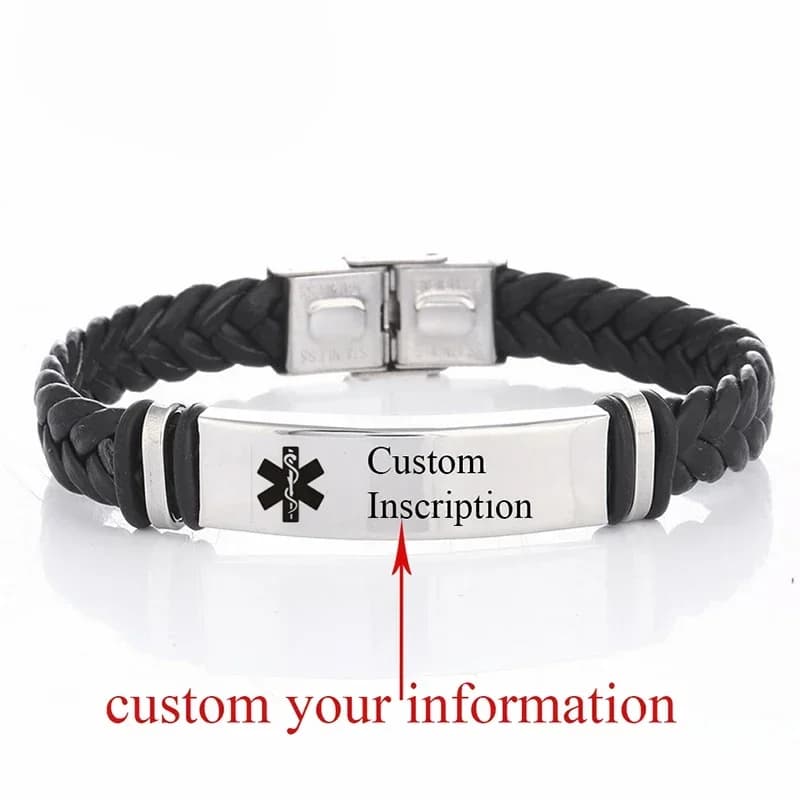 Logo con nome personalizzato su bracciale in pelle e acciaio inossidabile, braccialetto dal design di sesamo alla moda nero, gioielli di moda unici per donne e uomini