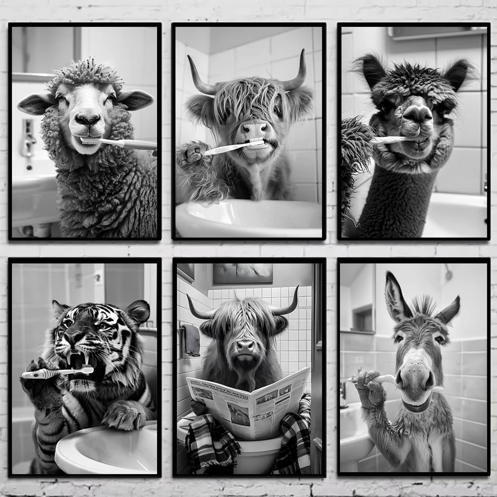 Funny Animals Yak Brushing Teeth Bathroom Black & White Posters Prints Picture Canvas Painting Wall Art Decor WC Toilet Paper
