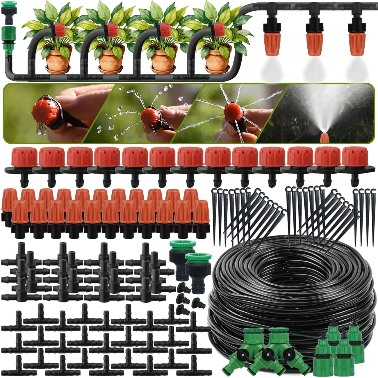 Sistema di irrigazione a goccia da giardino Kit di irrigazione automatica fai-da-te Tubo da 1/4 '' Gocciolatore regolabile e ugello di nebulizzazione Risparmio idrico Bonsai