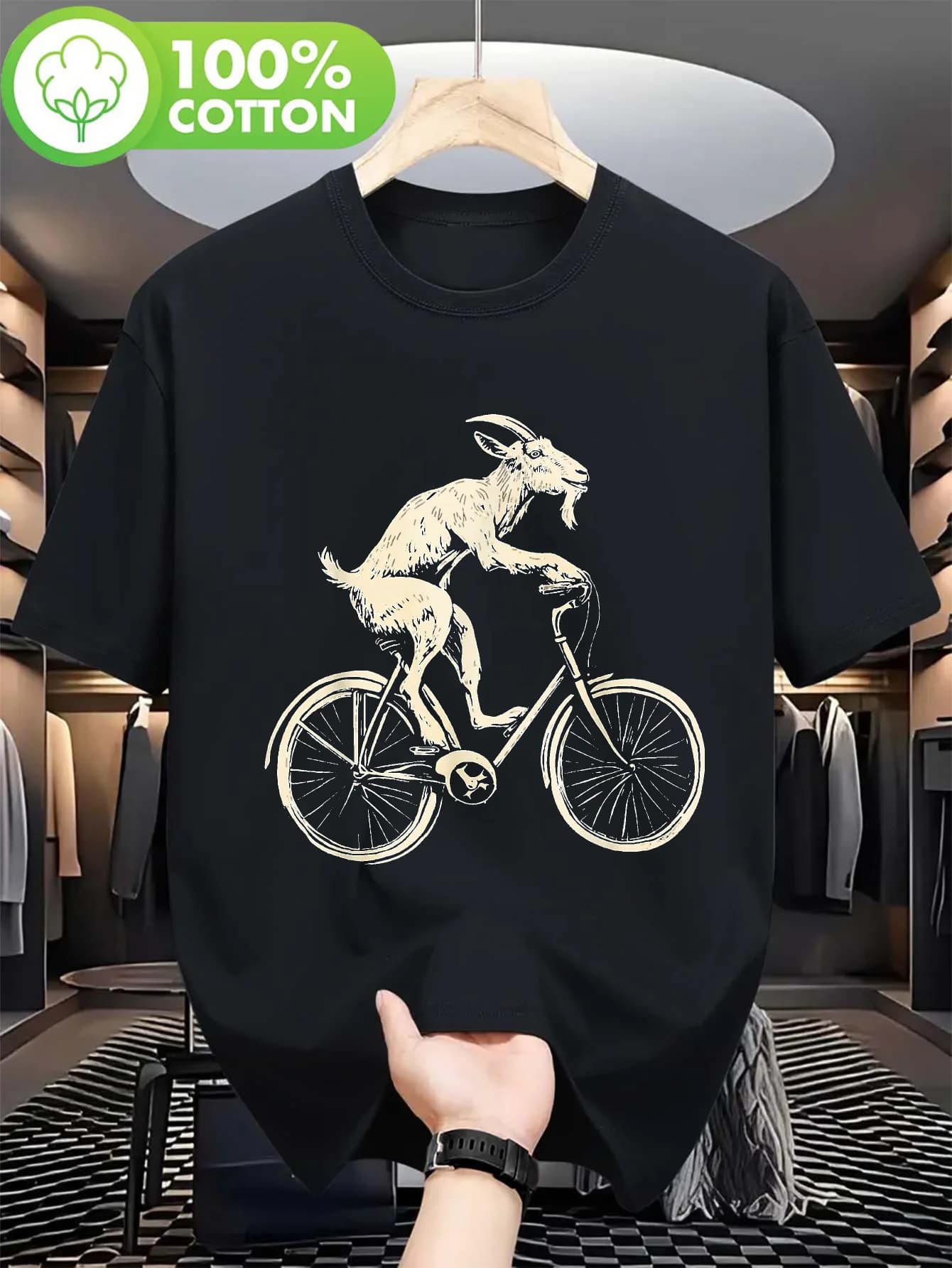 Funny Goat Mountain Bike Graphic T-Shirt - Black Cycling Tee with Goat Riding Bike Design - Lightweight Breathable Fabric for MTB Enthusiasts - Casual Casual Attire Novelty Gift for Cyclists, Adventure Apparel, Humorous Design, Machine Washable Top