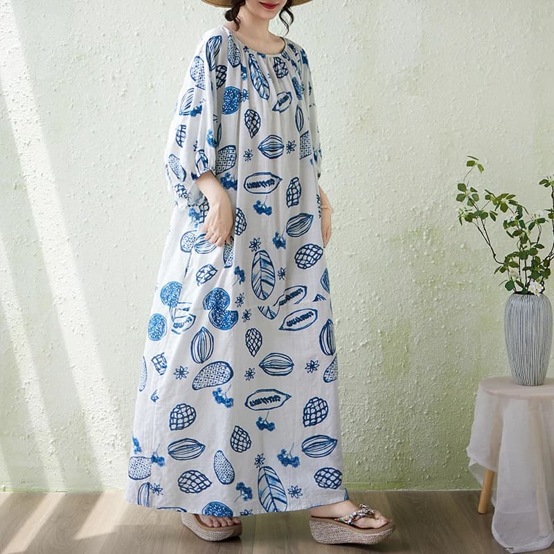 Loose Cotton Linen Print Dress Bell Sleeve Long Skirt plus Size Casual Style A-Line round Neck Short Sleeve Summer Dress