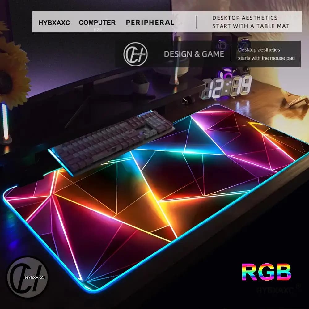 Tappetino per Mouse da Gaming XAXC XXL RGB, Nuovo Tappetino da Scrivania 3D Geometrico, Accessori per Gamer HD, Grande Mousepad LED per PC e Computer
