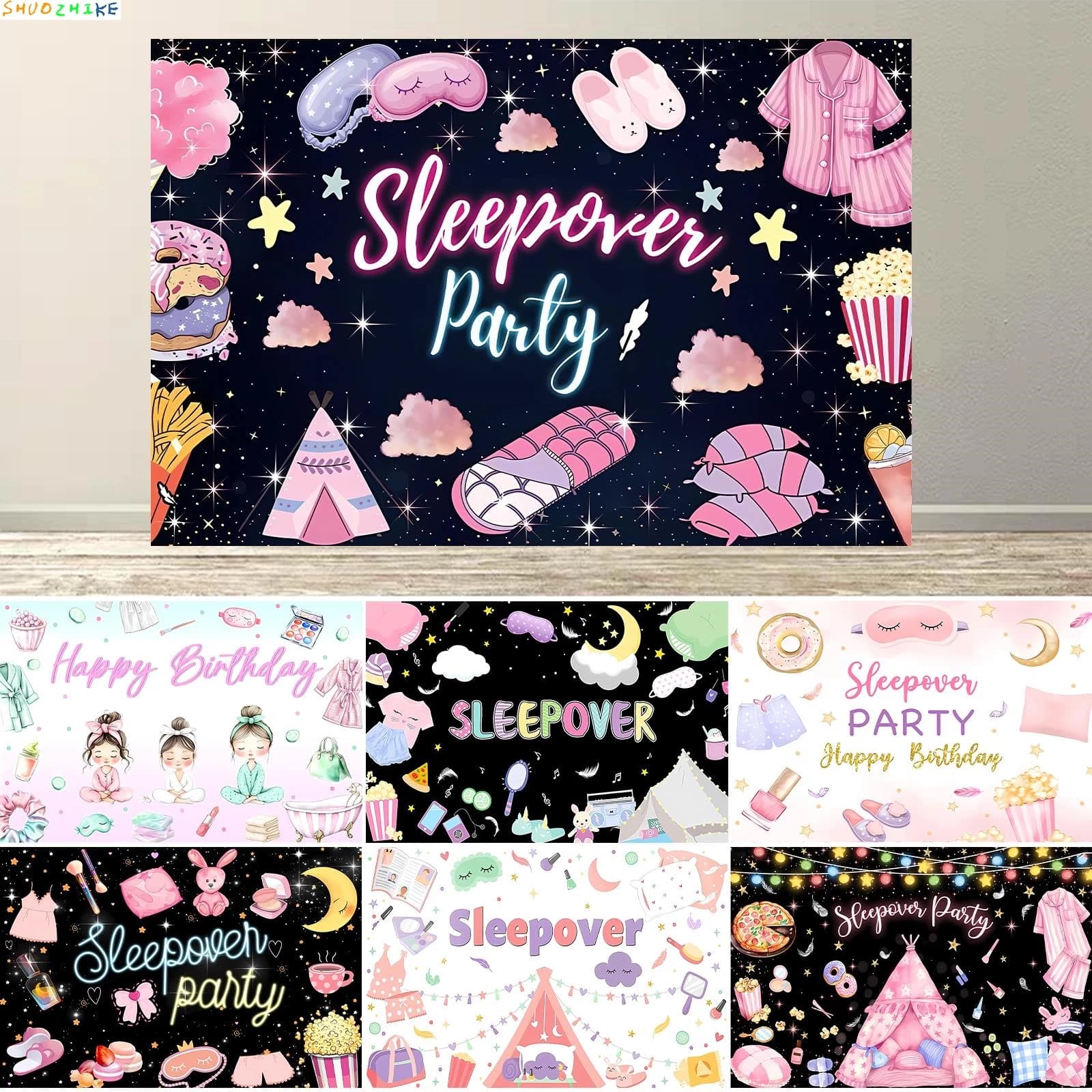 Sleepover Backdrop Banner for Girls Slumber Spa Makeup Party Decoration Slumber Pajamas Pillow Fight Theme Backdrops Supplies