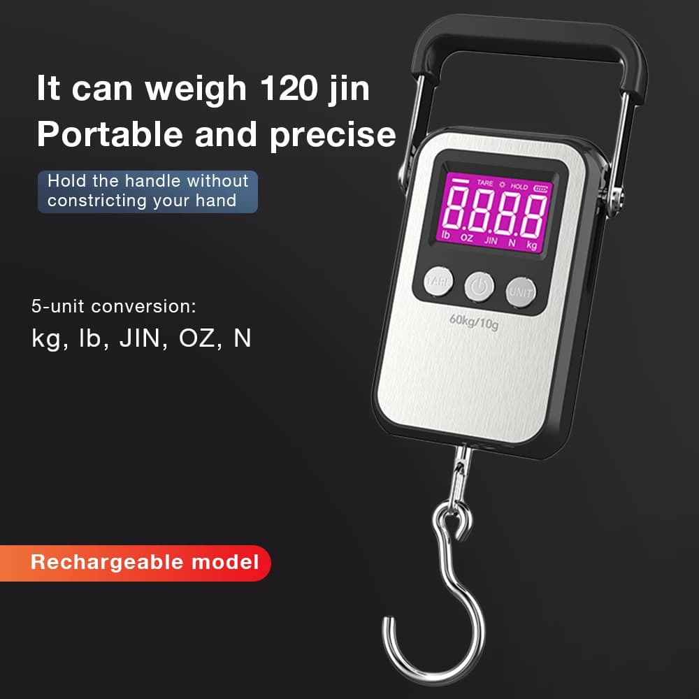 Bilancia portatile in acciaio inossidabile da 60 kg/10 g Bilancia sospesa ricaricabile Bilancia a gancio digitale LCD Bilancia da pesca per bagagli per uso domestico