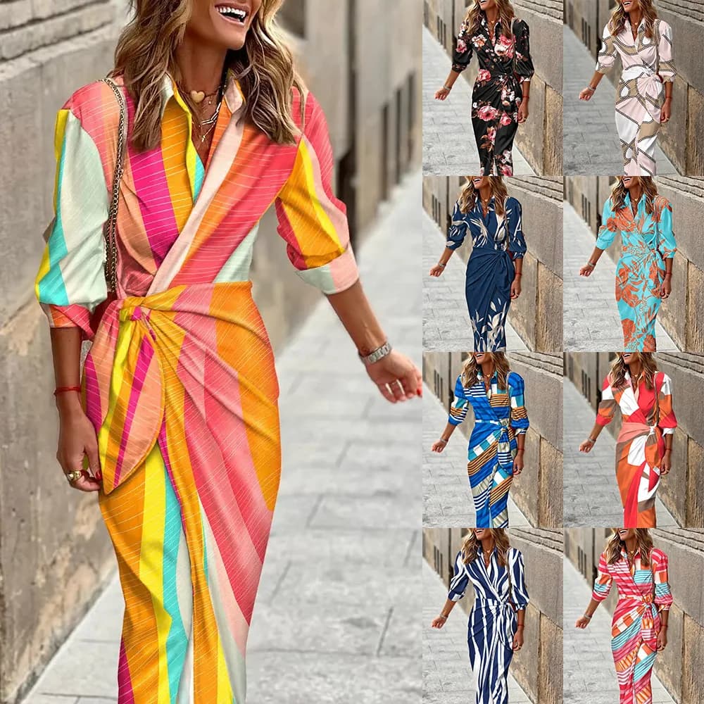 Fashionable Printed Shirt Collar Belted Midi Dress New Arrival Women's Cross-Border Clothing Summer Season 100% Material Comp...