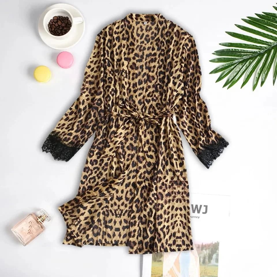 Sexy Leopard Bathrobe Plus Size Womens Satin Nightdress Lace Trim Sleepwear Dressing Gown Kimono Robes Home Clothes Lounge Wear