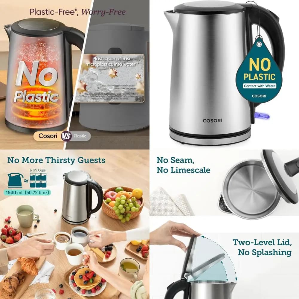 Stainless steel electric kettle with filter, bucket, automatic shutdown and protection against dry boiling, 1.5 l, 1500 W, silver