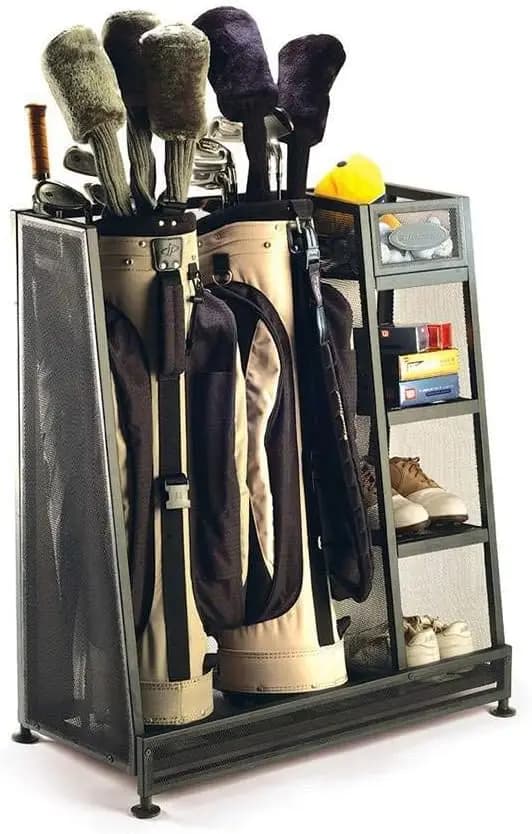 Organizer per scaffali per sacchi da golf per garage con piedini livellanti e contenitore da 5 pollici per club, palline e contenitori per accessori, confezione da 2