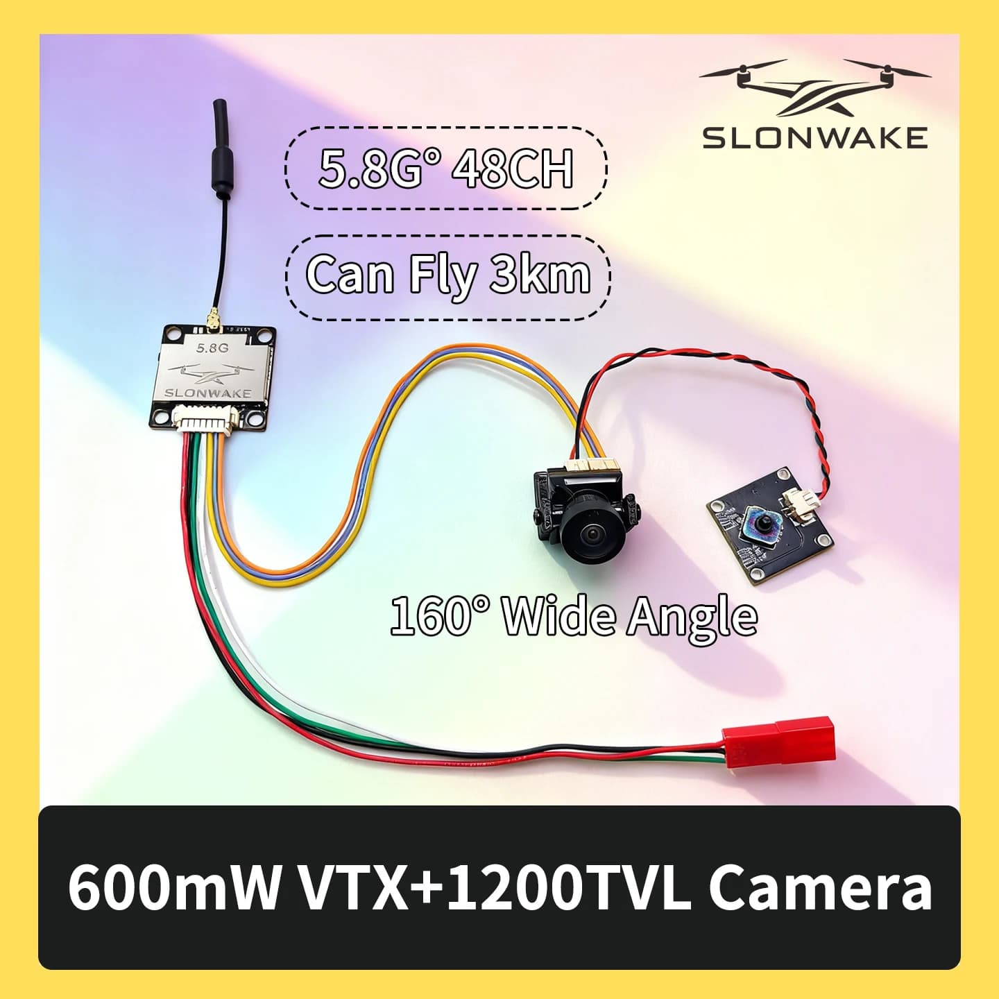 FPV SLONWAKE 5.8G 600 mW 7-24 V, 160 ° Grandangle, compatible with RC cars and FPV fixed wing drones