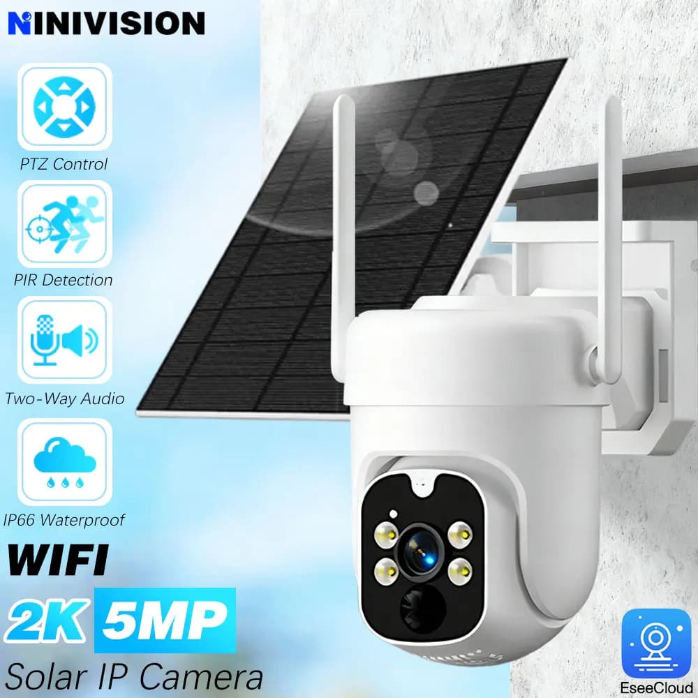 Telecamera PTZ WiFi esterna solare wireless HD da 5 MP Batteria incorporata Telecamera di sorveglianza in standby da 365 giorni con pannello solare EseeCloud
