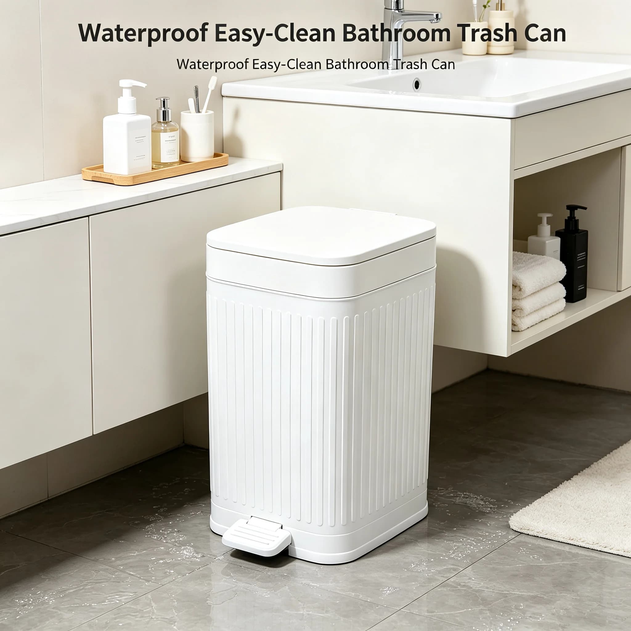 Vertical Ribbed Pedal Trash Can, Rectangular Narrow Foot‑Operated Garbage Bin with Removable Inner Bucket, Hands‑Free Waste Container for Bathroom Kitchen Apartment Home