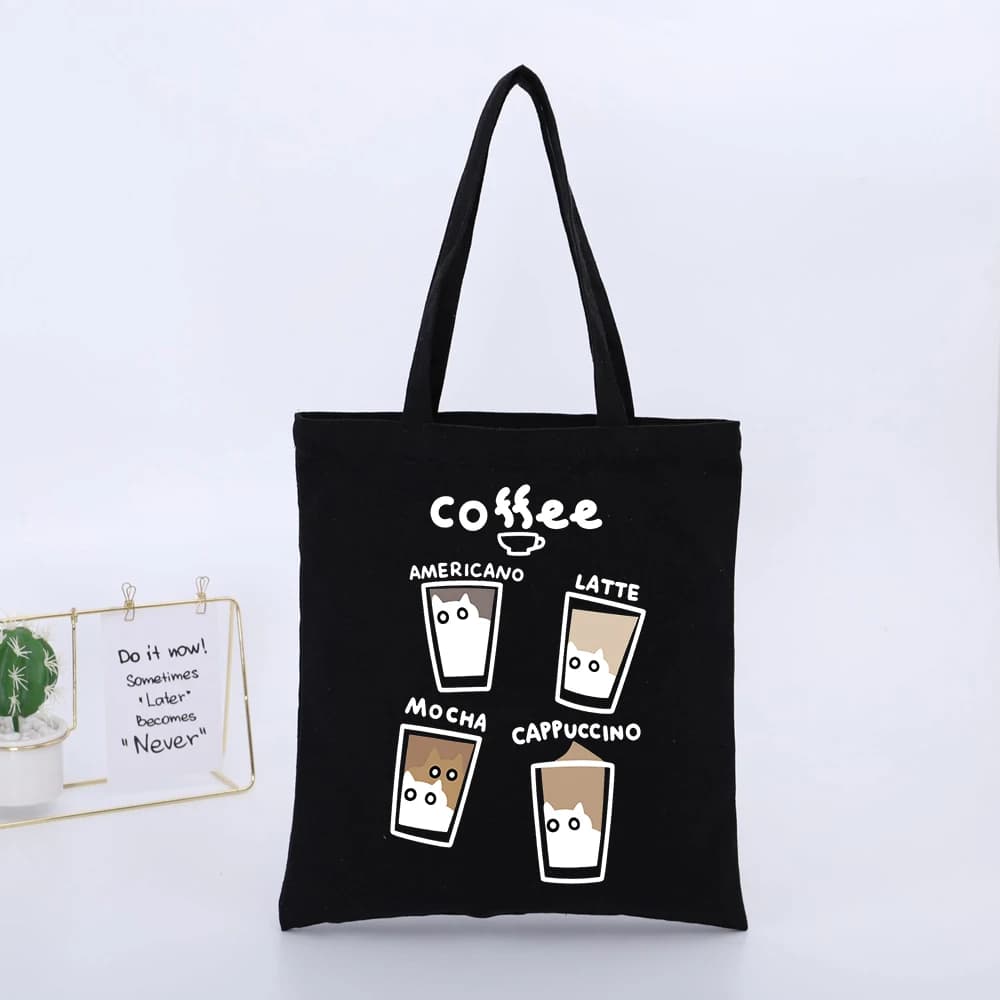 Coffee Themed Canvas Tote Bag with Animal and Typography Print, Casual Style for Daily Shopping