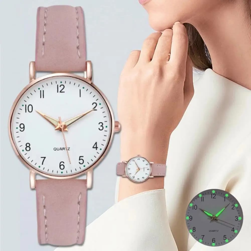 Luminous Watch Women, Dainty Analog Quartz Watch, Adjustable Leather Strap Wristwatch Fashion Casual For Office Party And Dating