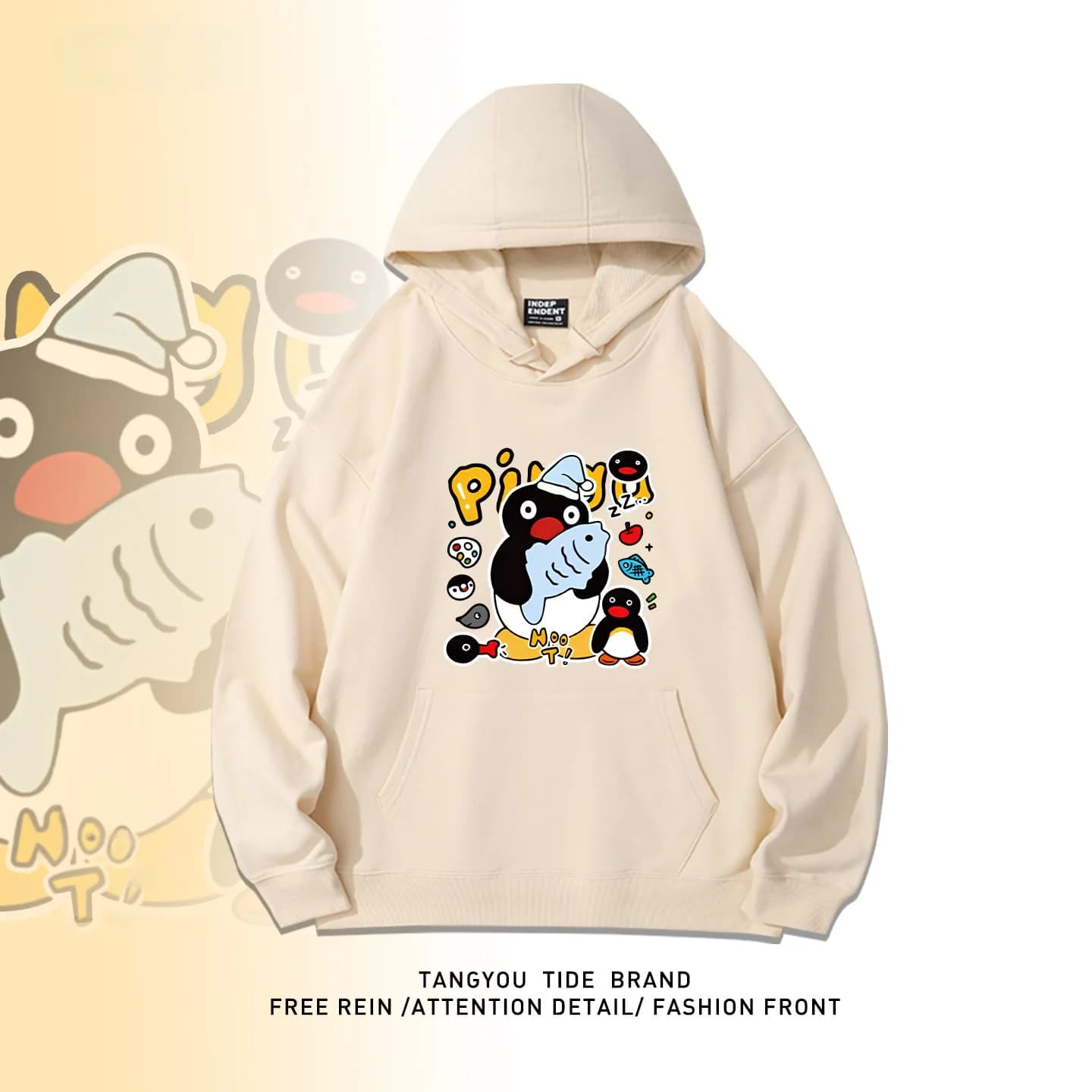 Cartoon Penguin Family Print Hoodie Couple's Casual Versatile Jacket Warm Cotton Fabric Long Sleeve Shoulder Width Loose Fit