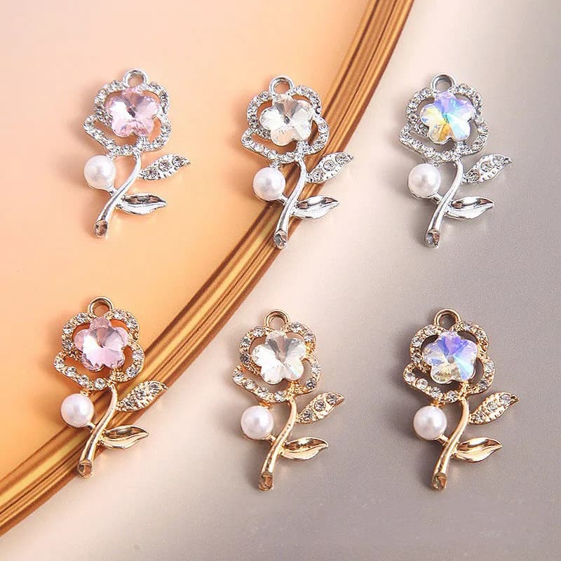 10 pz/borsa Orecchini e Collana da Donna in Metallo alla Moda con Fiore di Diamante in Vetro, Ciondolo in Lega Elettroplaccata, Materiale Decorativo Fai da Te
