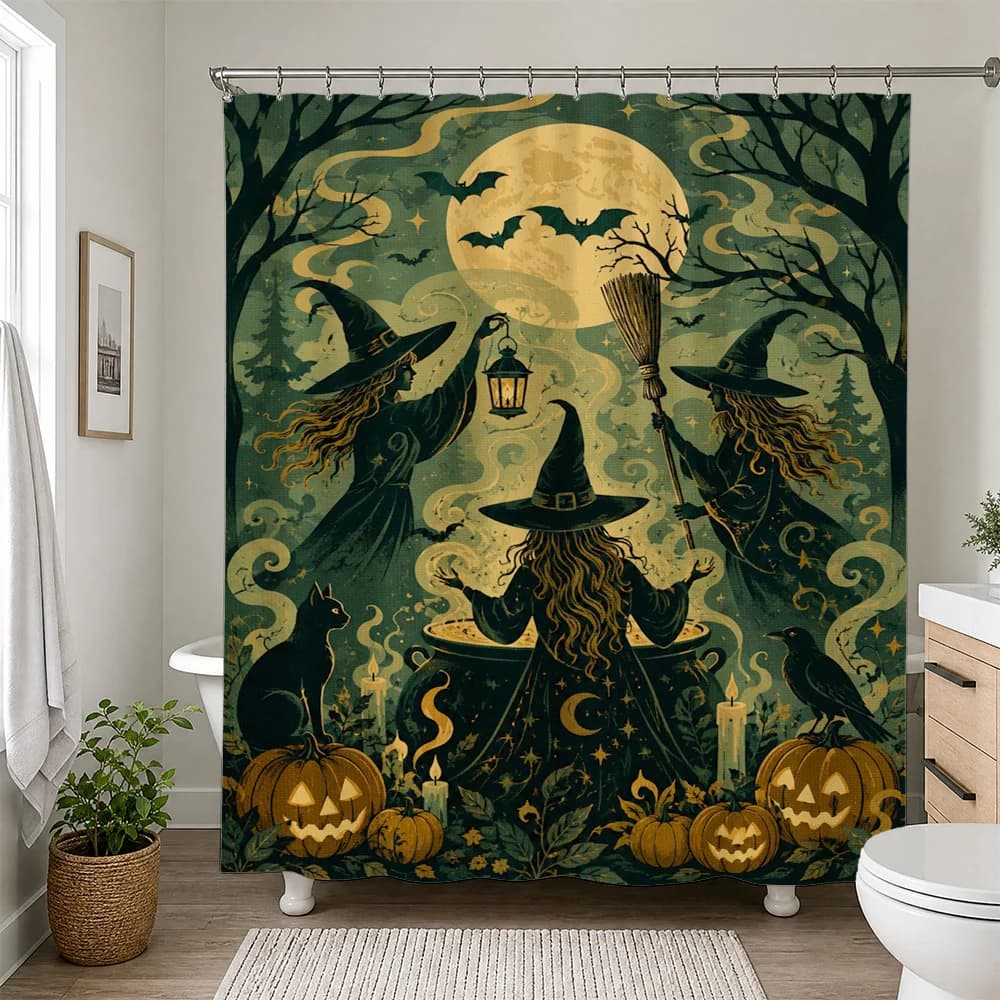 Mystical Witchcraft Moon Night Bathroom Shower Curtain Gothic Halloween Decor Tapestry