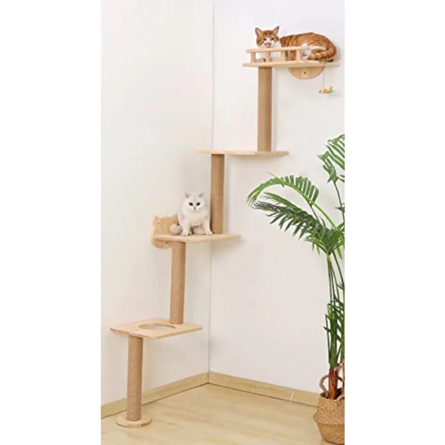Torre per Gatti da Parete con 4 Livelli, 73 cm, in Legno, per Arrampicarsi, Appoggiarsi e Rilassarsi, da Sinistra a Destra