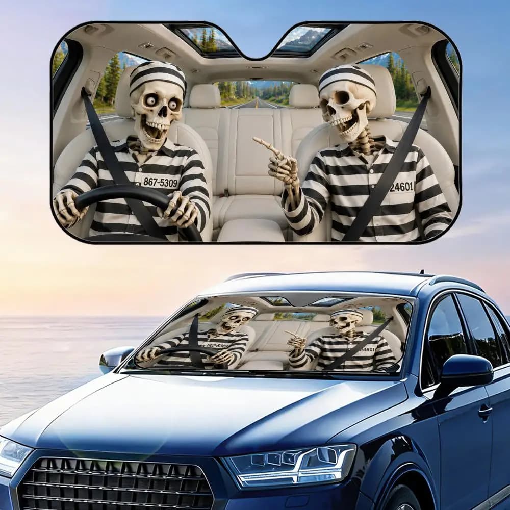 Parasole per Auto con Scheletro Divertente in Uniforme Carceraria, Protezione UV, Riflettente, Pieghevole, Isolante Termico