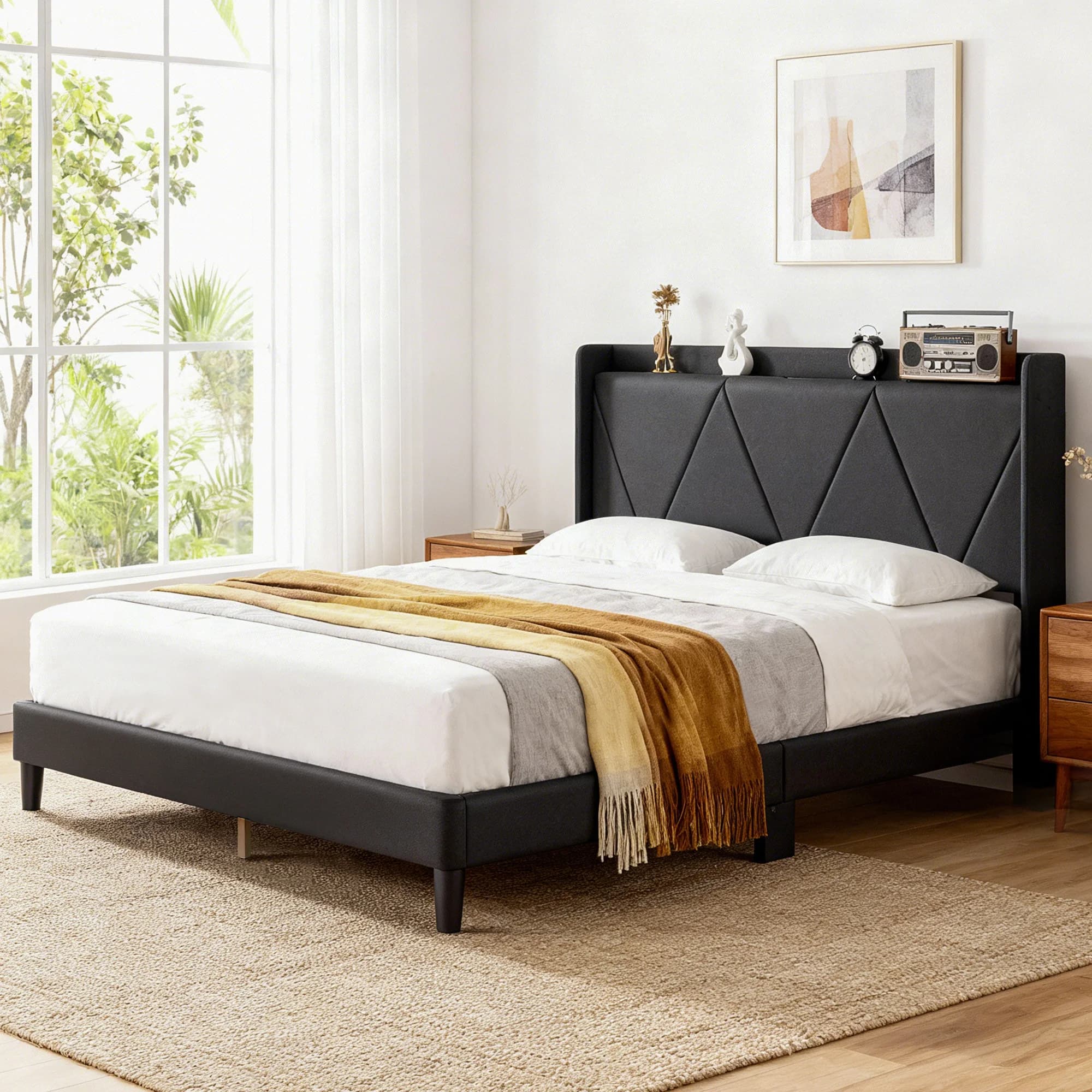 JHK Letto Matrimoniale Queen Size con Stazione di Ricarica USB, Moderno Letto Imbottito con Testiera per Camera da Letto
