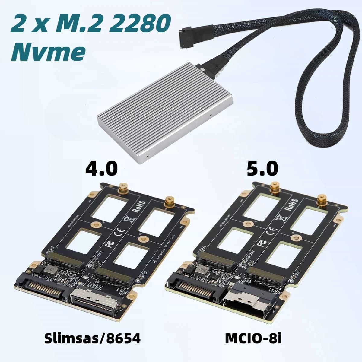 Adattatore per Disco Rigido NVMe M.2 2280 (Split X4X4) con Dissipatore di Calore per Server, Supporto V100 SlimSAS SFF-8654 / MCIO 5.0 8i