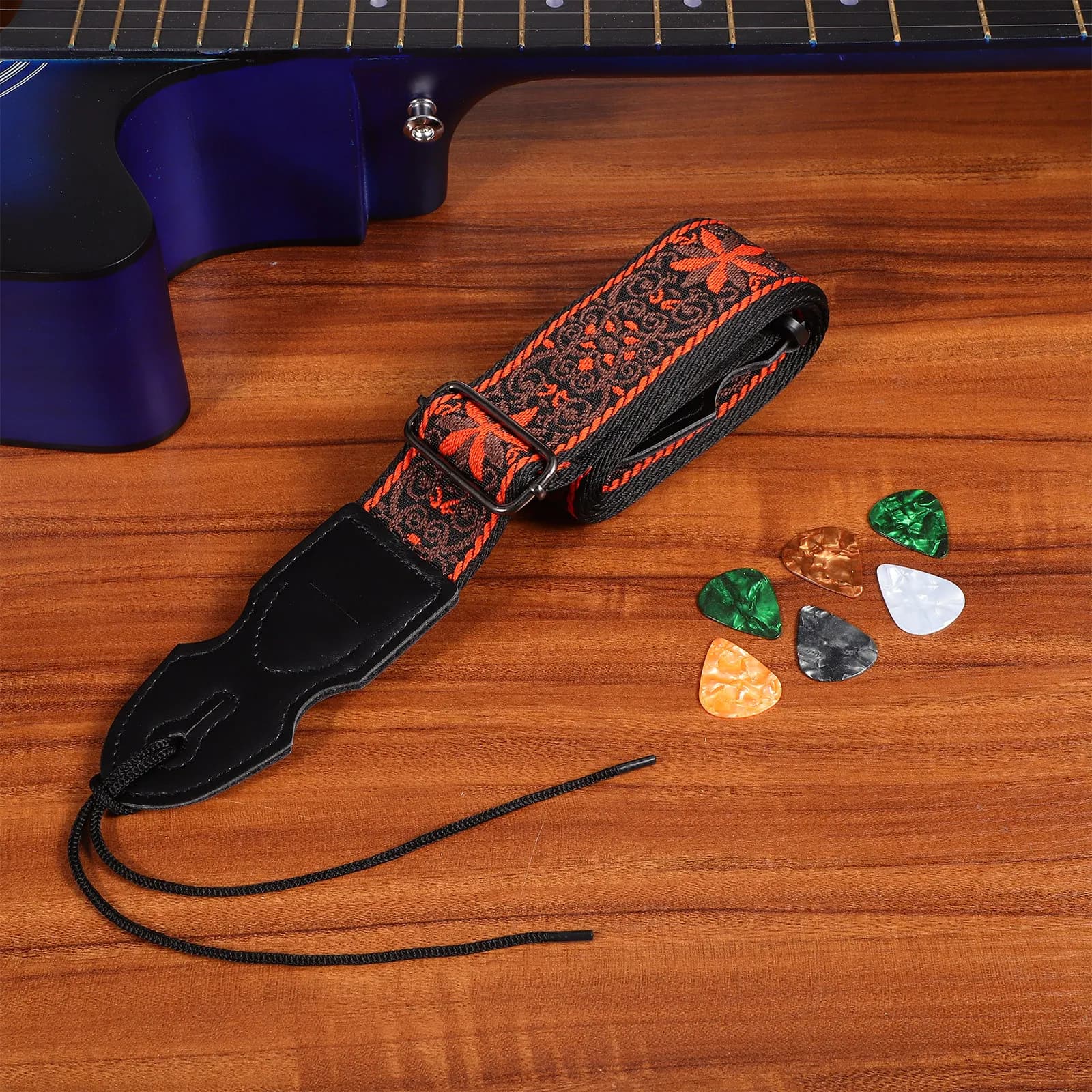 Set di 1 tracolla per chitarra elettrica con plettri regolabili per chitarra elettrica, acustica e basso, kit di accessori in poliestere