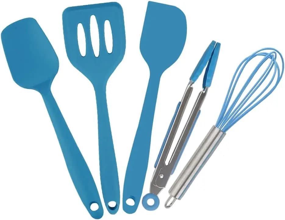 Set di Mini Utensili da Cucina - 5 Pezzi per Bambini, Frusta in Silicone, Pinze, Cucchiaio, Spatola, Blu