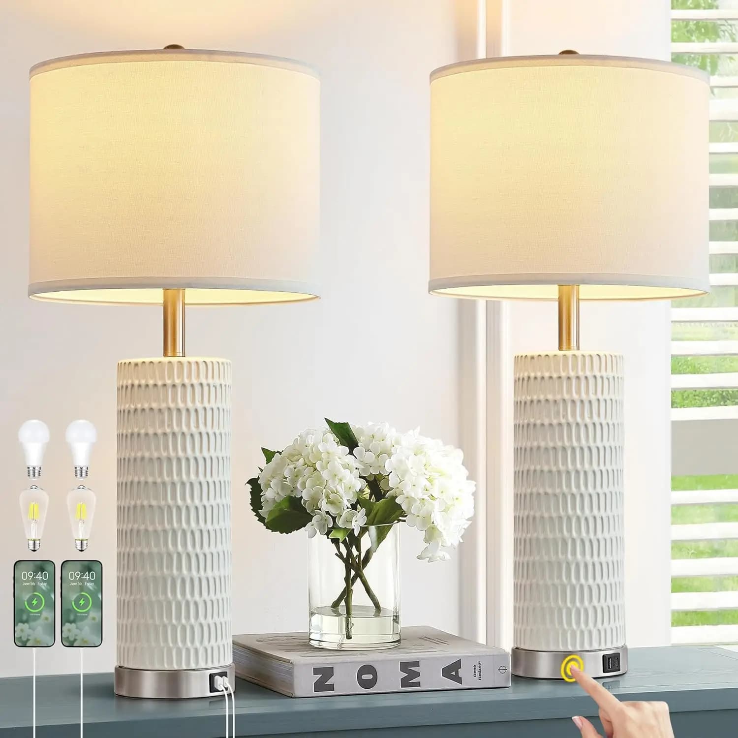 Set di 2 Lampade da Tavolo in Ceramica da 26,5 Pollici, Dimmerabili con Controllo Touch e Porte USB per Camera da Letto e Soggiorno, Lampadine Incluse