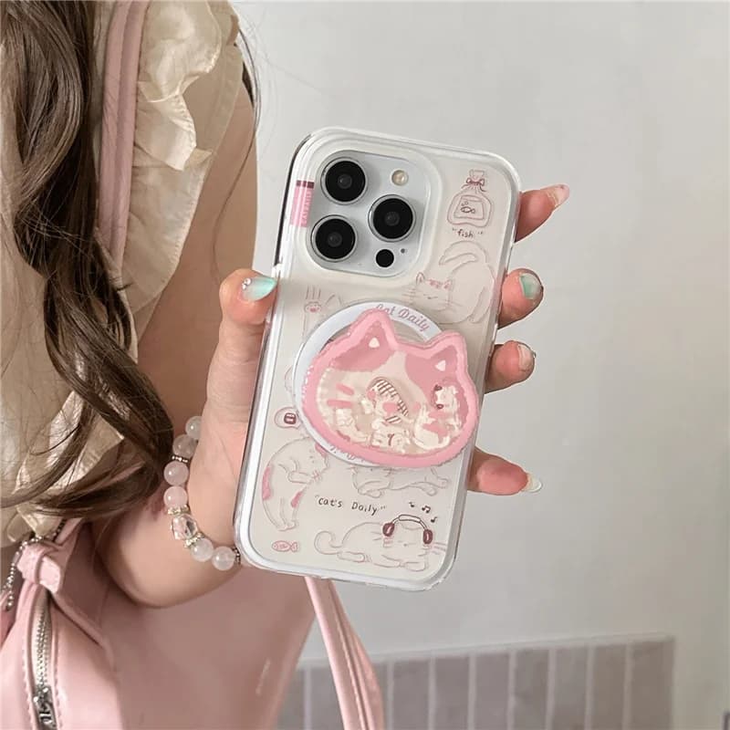 Custodia magnetica per telefono Kawaii Cartoon Cat per iPhone 16 Pro 15 13 14 Pro Max 17 Cover con supporto Magsafe Shake Holder Girp Custodie 17