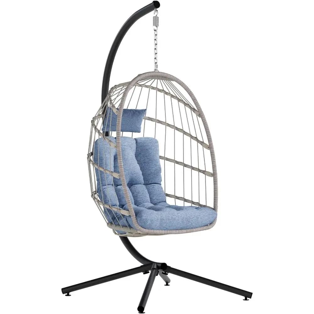 Outdoor egg-shaped rocking chair with support, hanging rocking chair in inner wicker with cushion, capacity of 350 pounds per patio, bedroom, garden