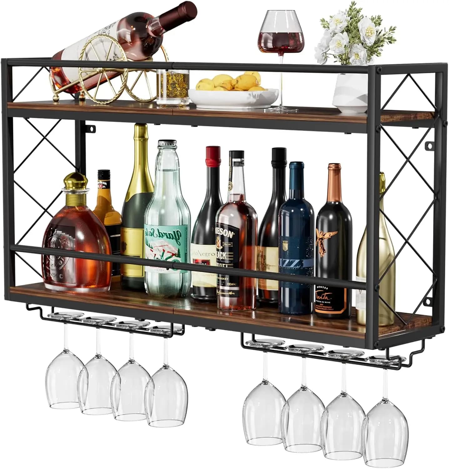 Portabottiglie da Parete a 2 Livelli con Portabicchieri, Barra Anti-Caduta, Design in Metallo e Legno da 80 cm per Casa, Cucina, Bar